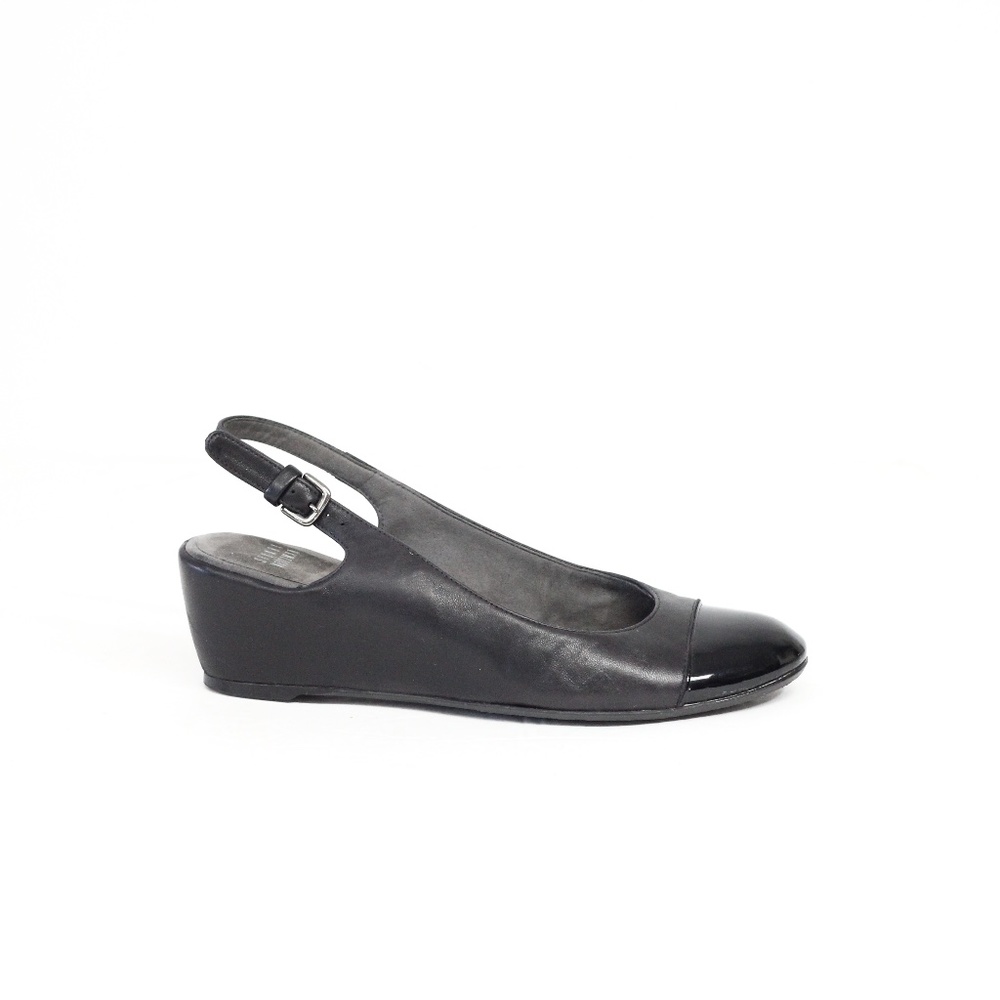Stuart Weitzman Wedge Heels sz 7 Women Cap Toe Shoes Black Leather Slingback